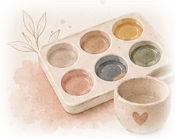 Paleta de tintas em aquarela com potinhos de cores e uma caneca em miniatura